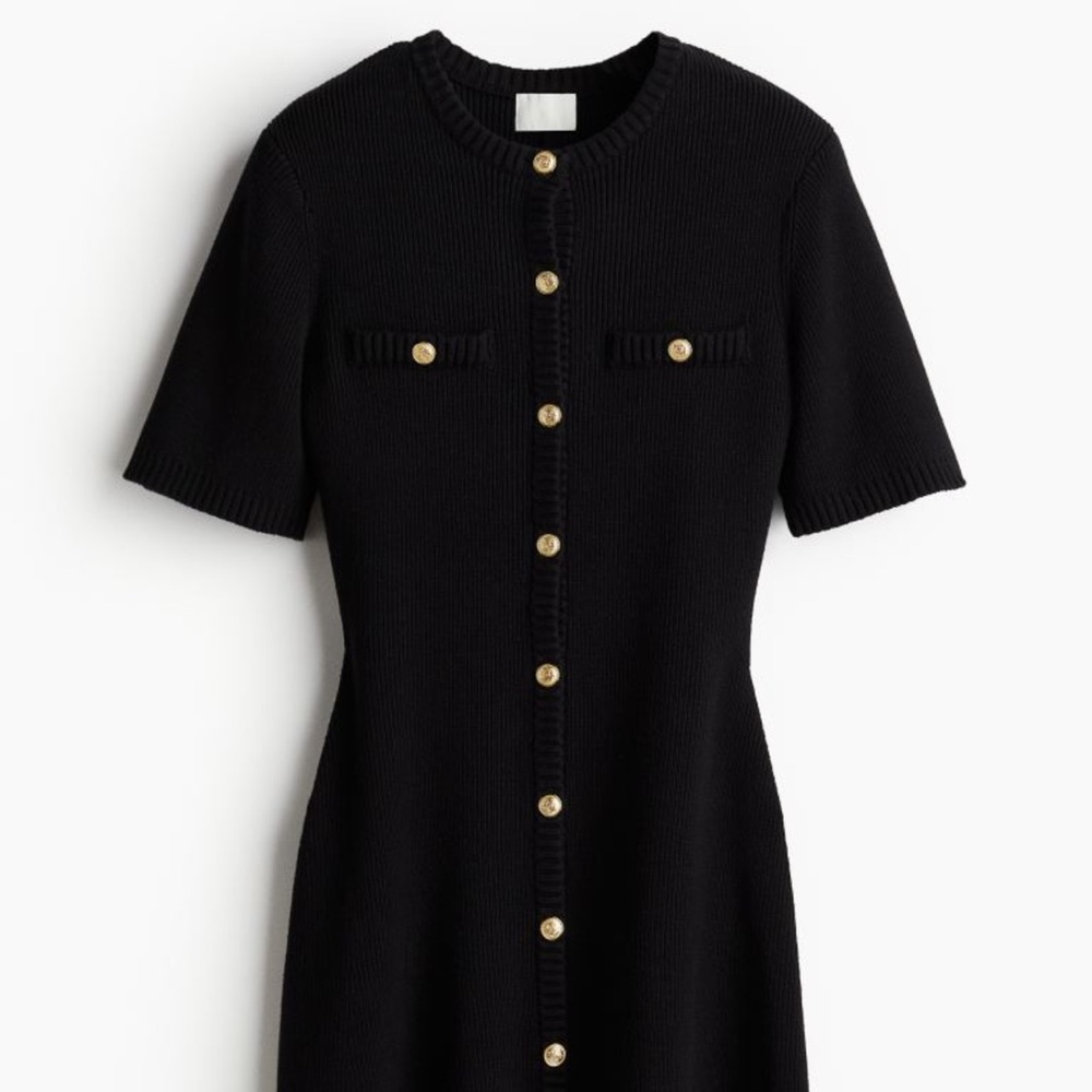 Black Knit Sheath Mini Dress with Short Sleeves and Crew Neck- Gold buttons